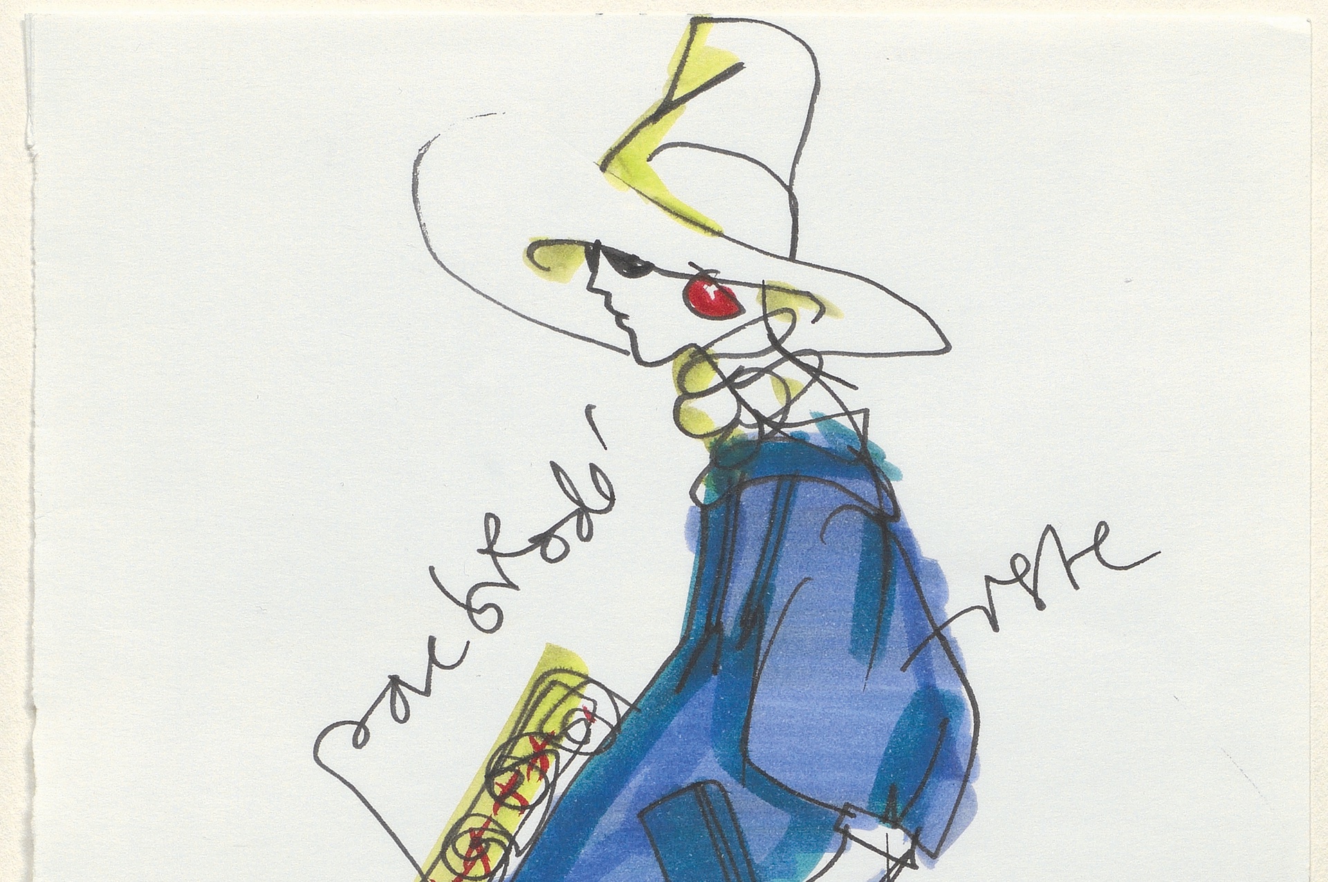 Dessin de mode de Christian Lacroix, Arlésienne au chapeau blanc, encre et gouache, exposition musée Réattu d'Arles 2026