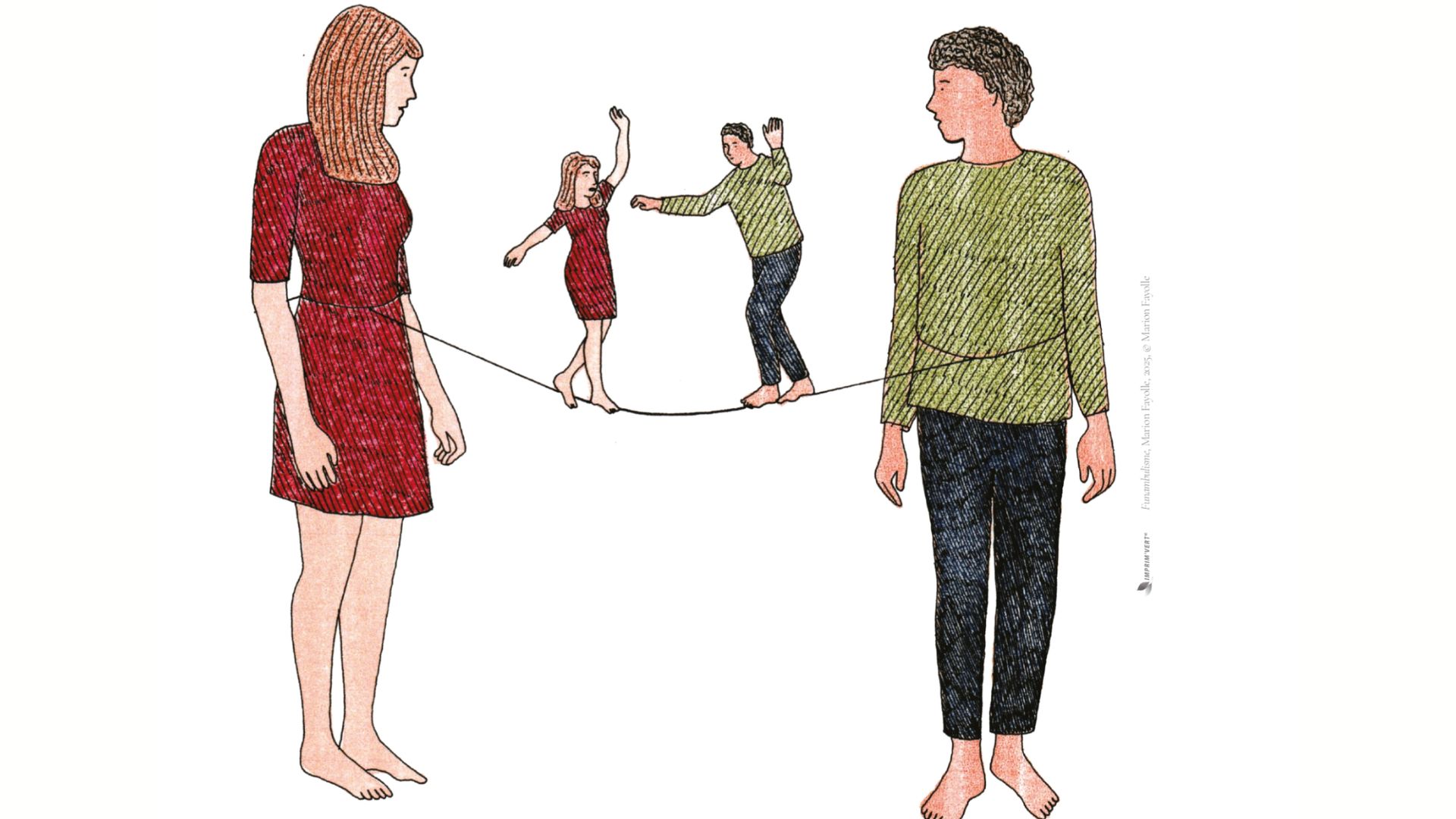 Illustration de Marion Fayolle, couple relié par un fil, dessin de l'exposition Les Aimants