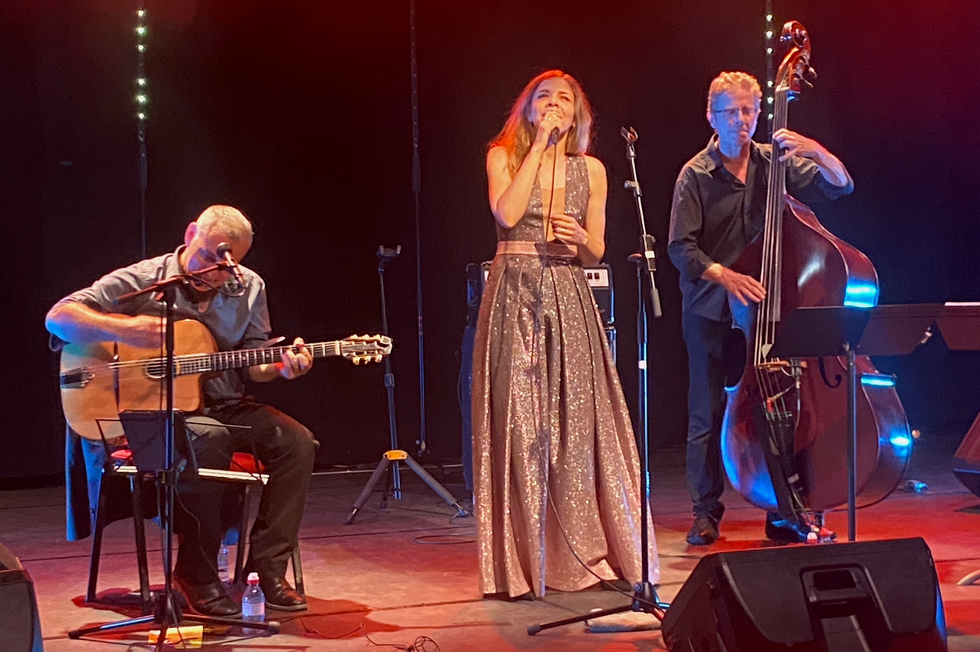 Ana Stayer au chant avec le guitariste et le contrebassiste du Palinka Quintet, festival des Vents, espace culturel Folard, Morières-lès-Avignon, 2026