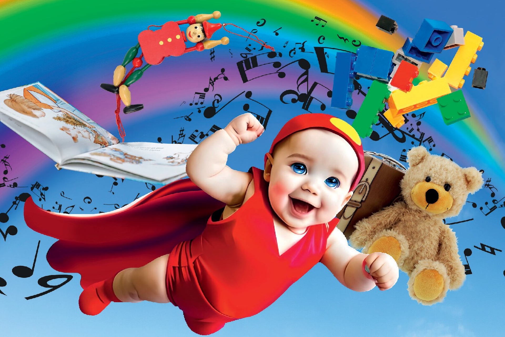 Illustration de couverture bébé super-héros livre musique jouets Prévenir les inégalités et la violence chez l'enfant Leïla Guinoun